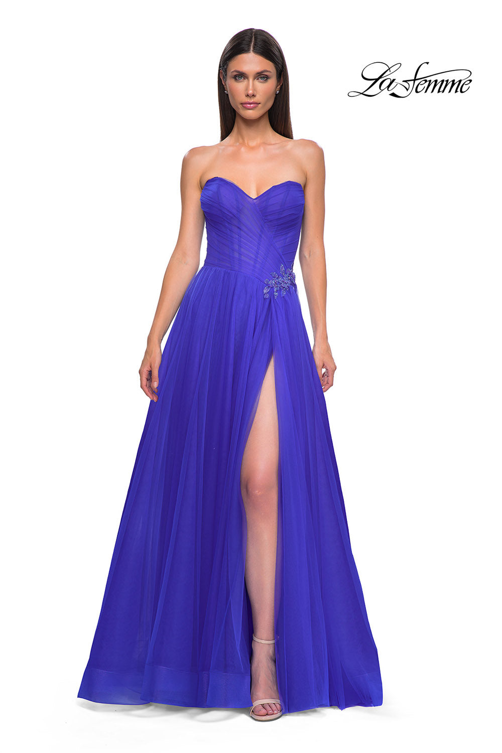 La Femme 32789 prom dress images. La Femme 32789 is available in these colors: Black, Blush, Cloud Blue, Dark Berry, Royal Blue.