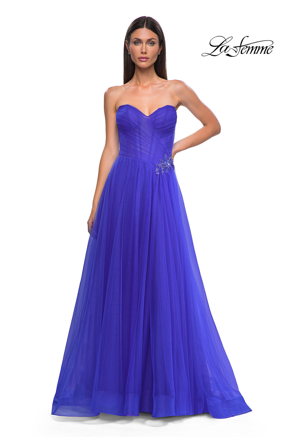 La Femme 32789 prom dress images. La Femme 32789 is available in these colors: Black, Blush, Cloud Blue, Dark Berry, Royal Blue.