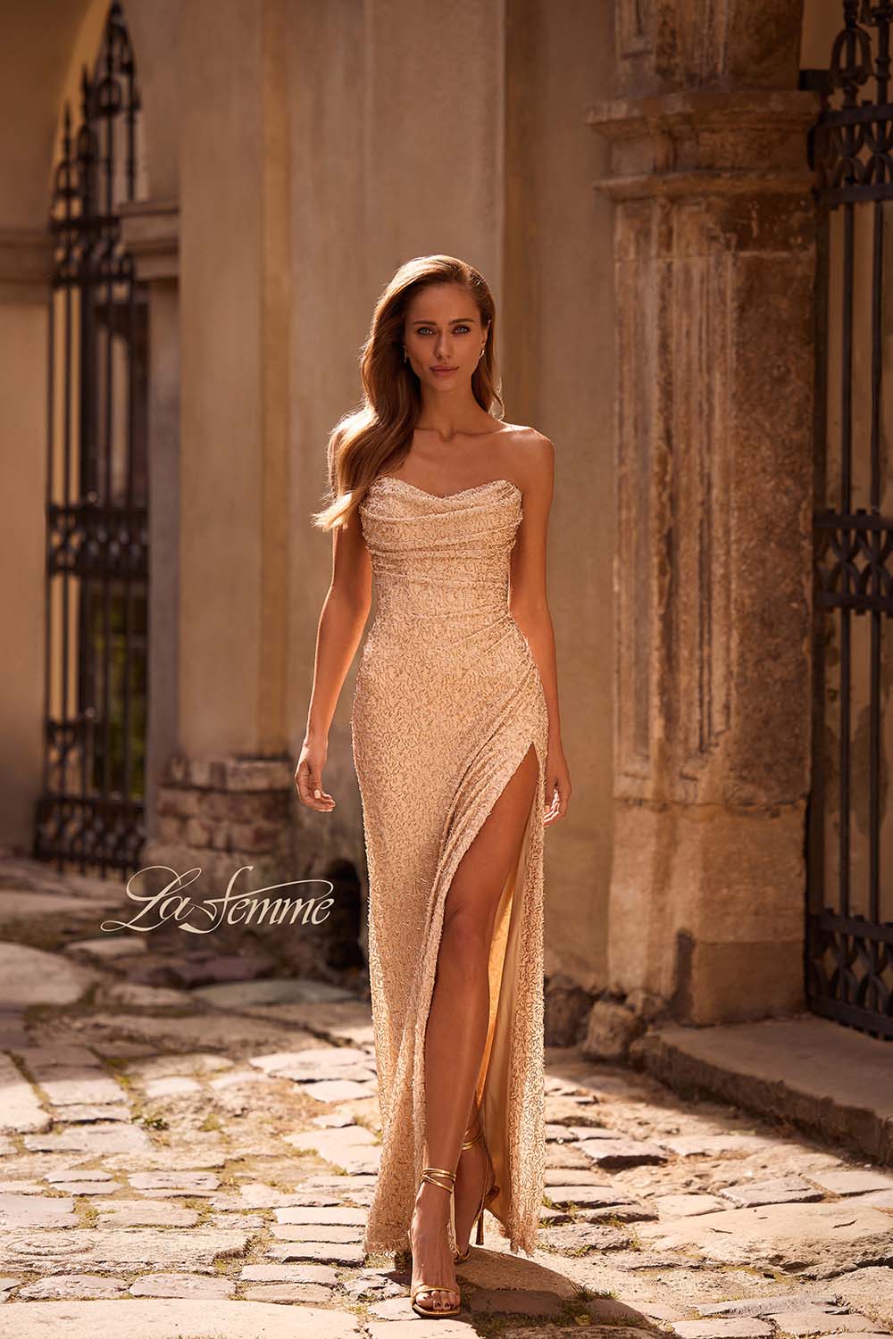 La Femme 32794 prom dress images. La Femme 32794 is available in these colors: Champagne.