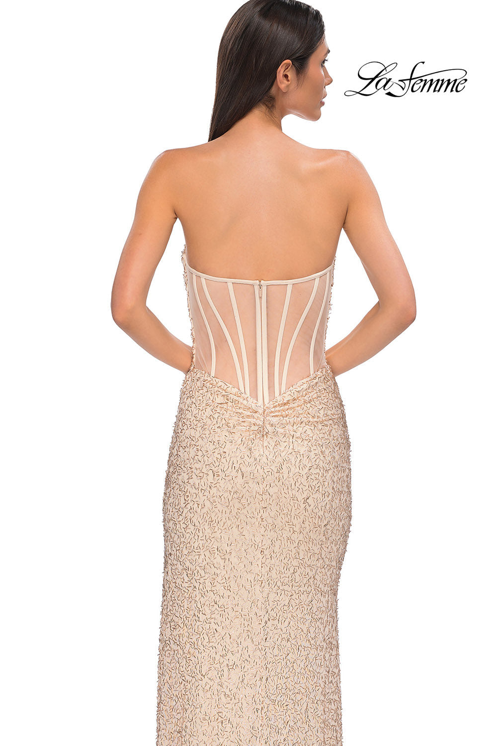 La Femme 32794 prom dress images. La Femme 32794 is available in these colors: Champagne.