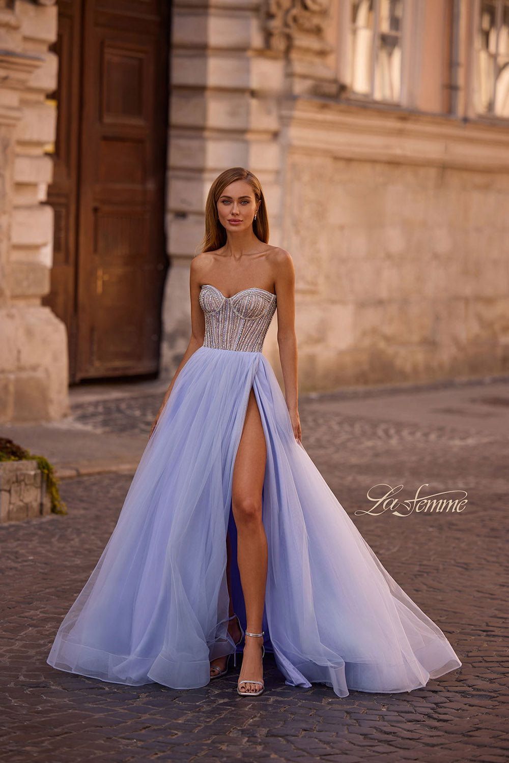 La Femme 32811 prom dress images. La Femme 32811 is available in these colors: Light Periwinkle, Sage.
