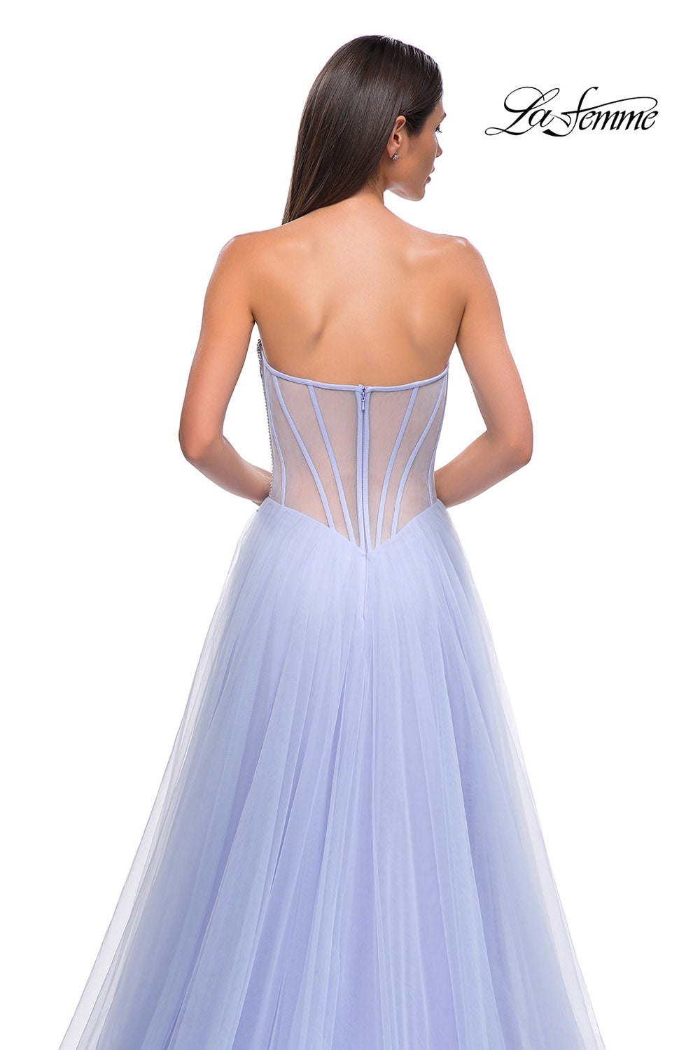 La Femme 32811 prom dress images. La Femme 32811 is available in these colors: Light Periwinkle, Sage.
