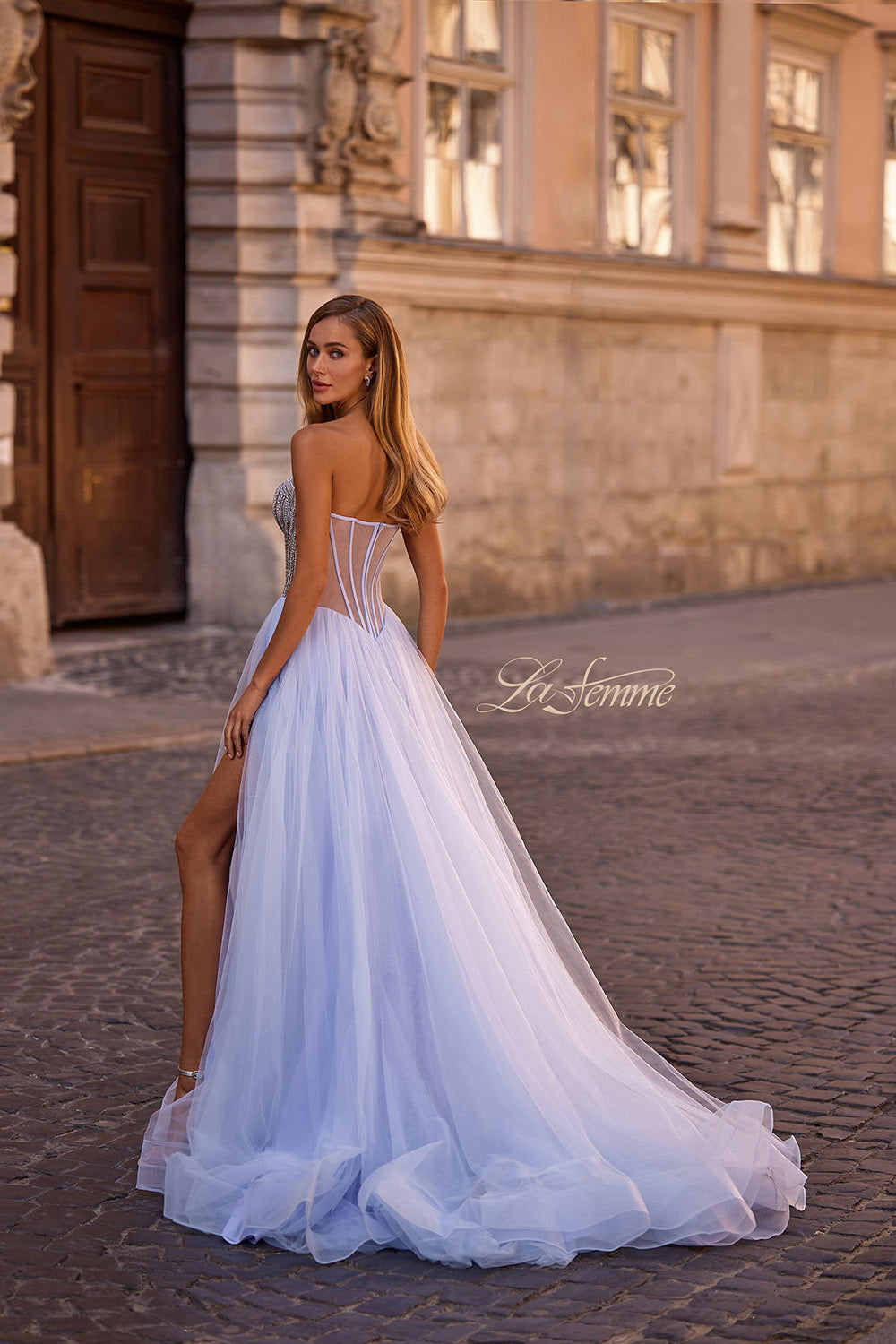 La Femme 32811 prom dress images. La Femme 32811 is available in these colors: Light Periwinkle, Sage.
