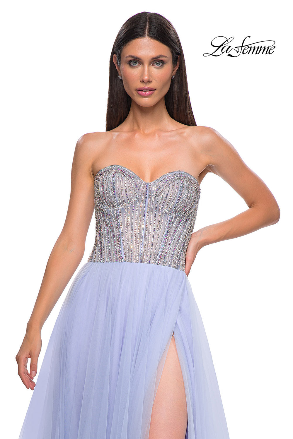 La Femme 32811 prom dress images. La Femme 32811 is available in these colors: Light Periwinkle, Sage.