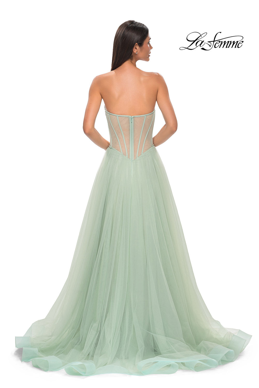 La Femme 32811 prom dress images. La Femme 32811 is available in these colors: Light Periwinkle, Sage.