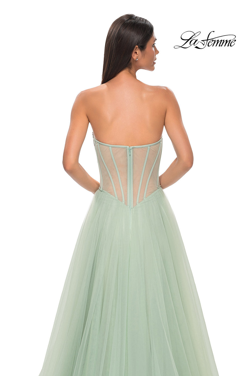 La Femme 32811 prom dress images. La Femme 32811 is available in these colors: Light Periwinkle, Sage.