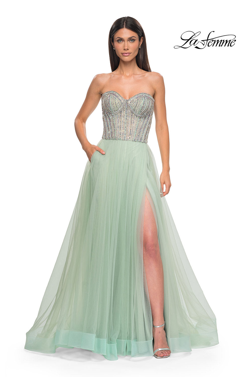 La Femme 32811 prom dress images. La Femme 32811 is available in these colors: Light Periwinkle, Sage.