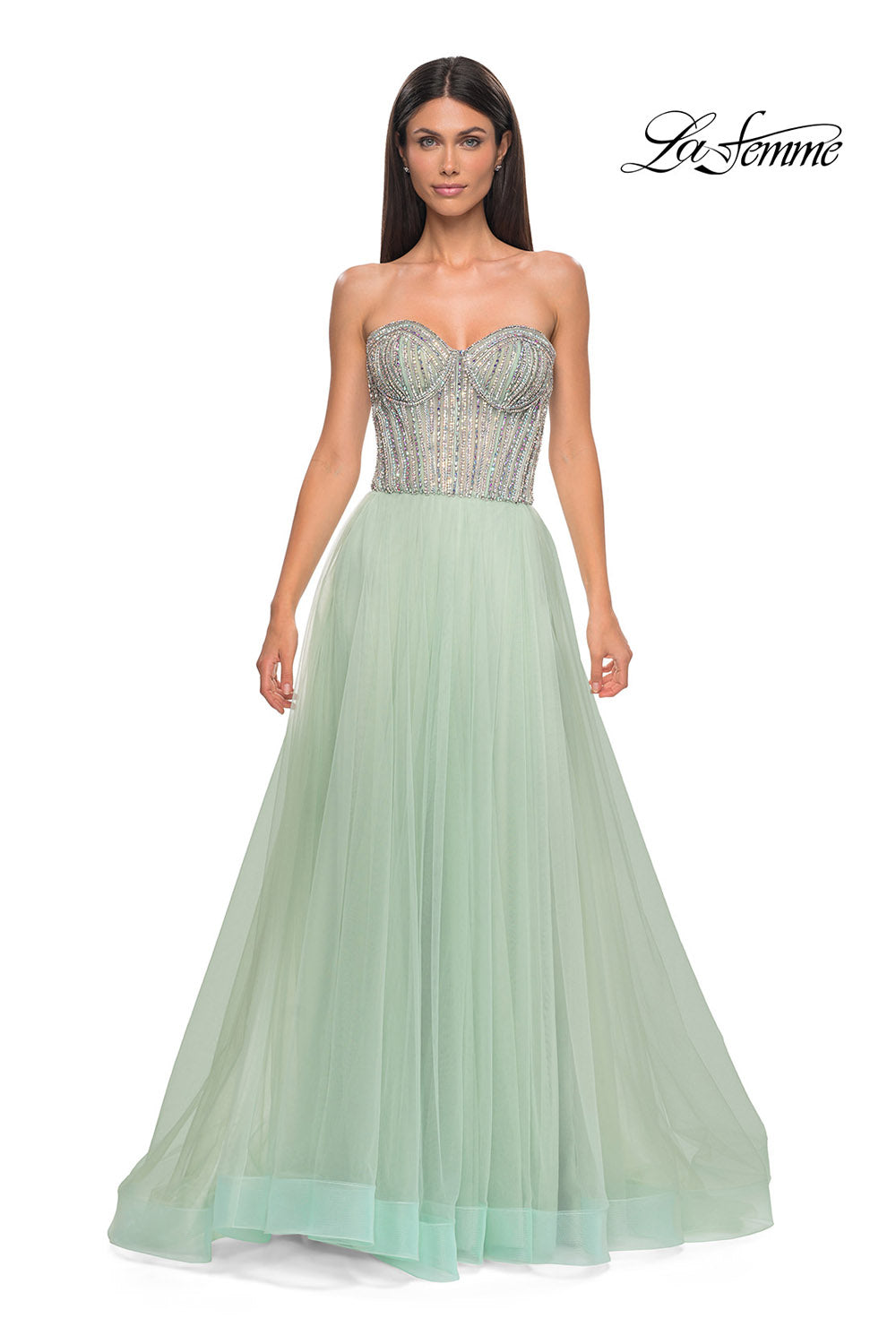 La Femme 32811 prom dress images. La Femme 32811 is available in these colors: Light Periwinkle, Sage.