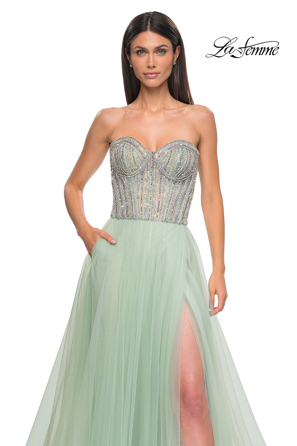La Femme 32811 prom dress images. La Femme 32811 is available in these colors: Light Periwinkle, Sage.
