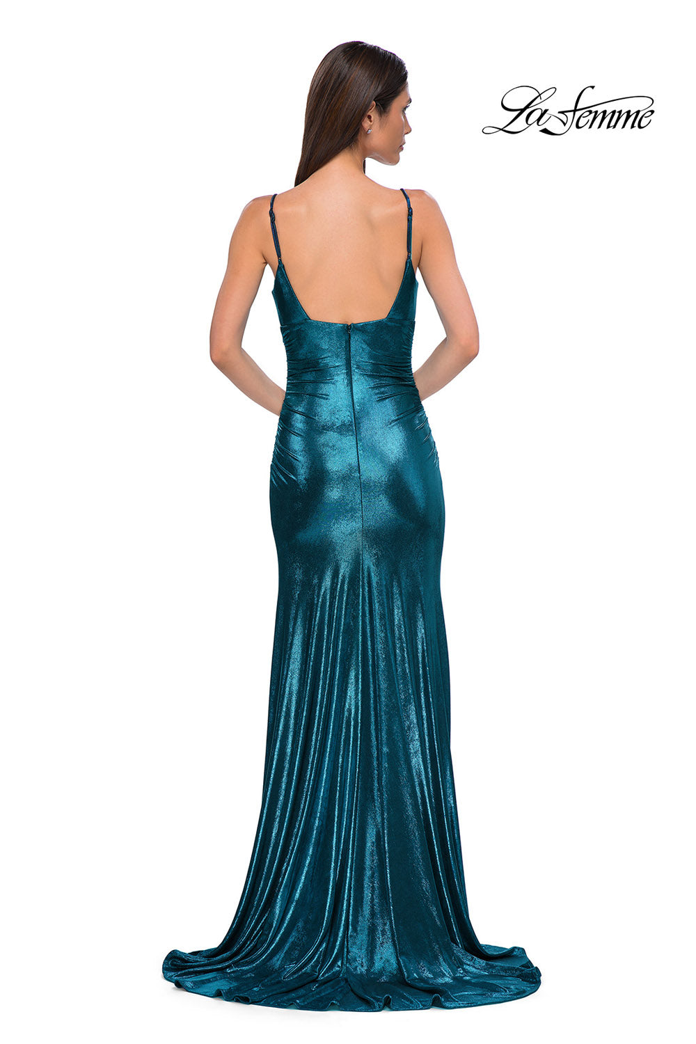 La Femme 32812 prom dress images. La Femme 32812 is available in these colors: Dark Teal, Indigo, Penny, Purple.