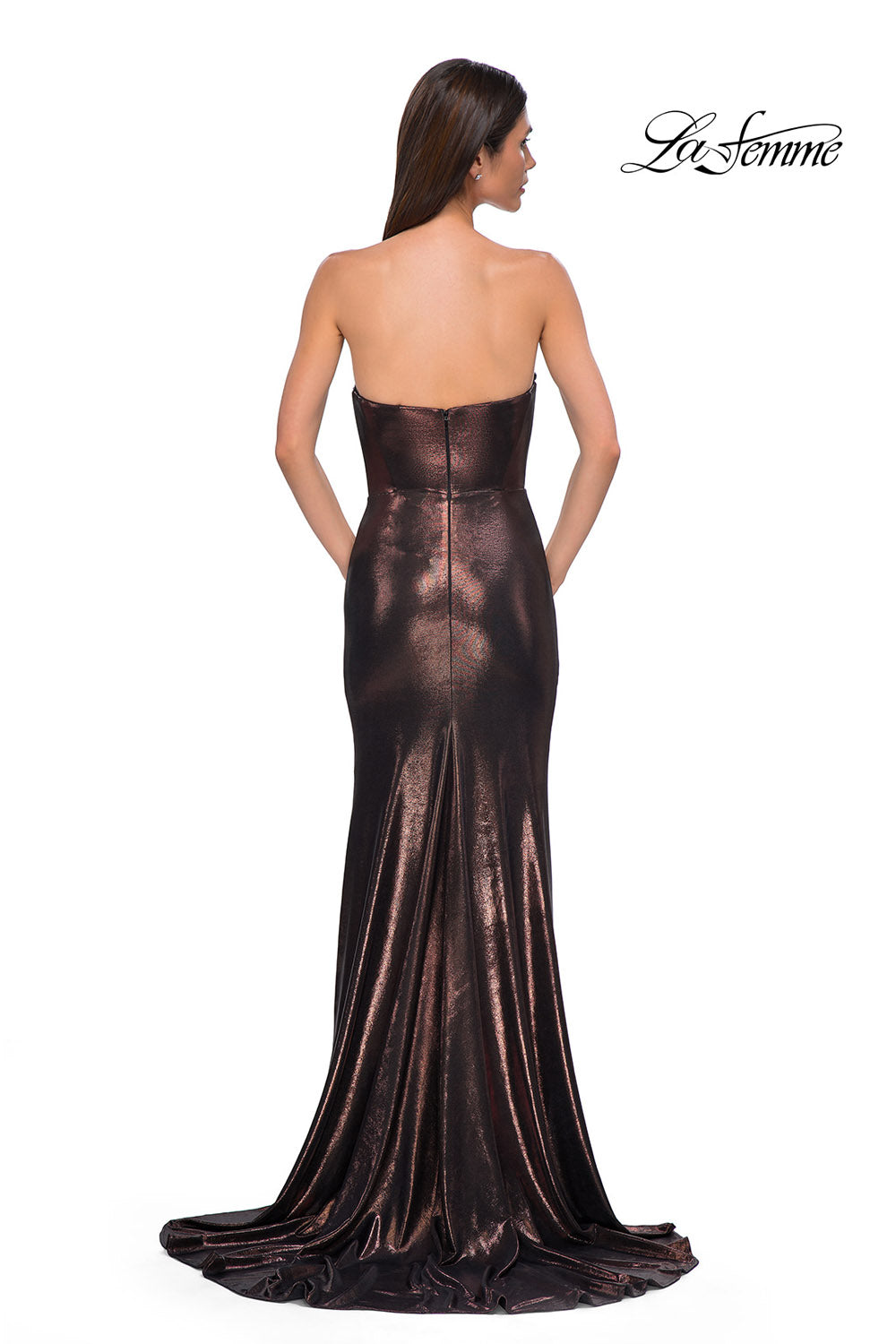 La Femme 32828 prom dress images. La Femme 32828 is available in these colors: Bronze, Dark Teal, Indigo, Matcha, Mocha, Purple.