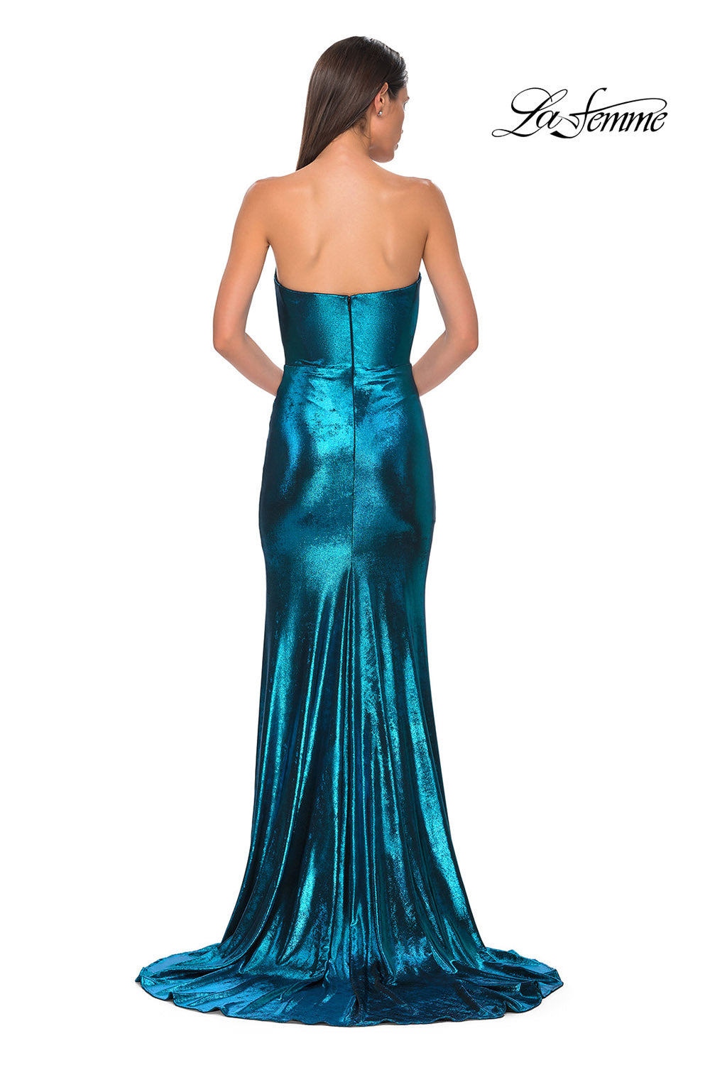 La Femme 32828 prom dress images. La Femme 32828 is available in these colors: Bronze, Dark Teal, Indigo, Matcha, Mocha, Purple.