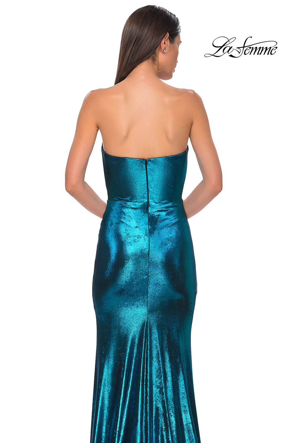 La Femme 32828 prom dress images. La Femme 32828 is available in these colors: Bronze, Dark Teal, Indigo, Matcha, Mocha, Purple.