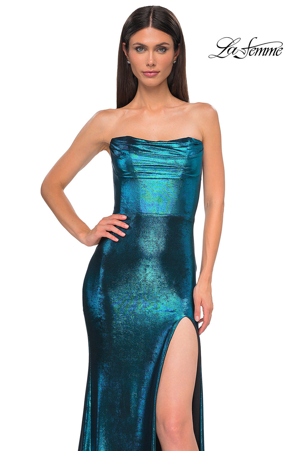 La Femme 32828 prom dress images. La Femme 32828 is available in these colors: Bronze, Dark Teal, Indigo, Matcha, Mocha, Purple.