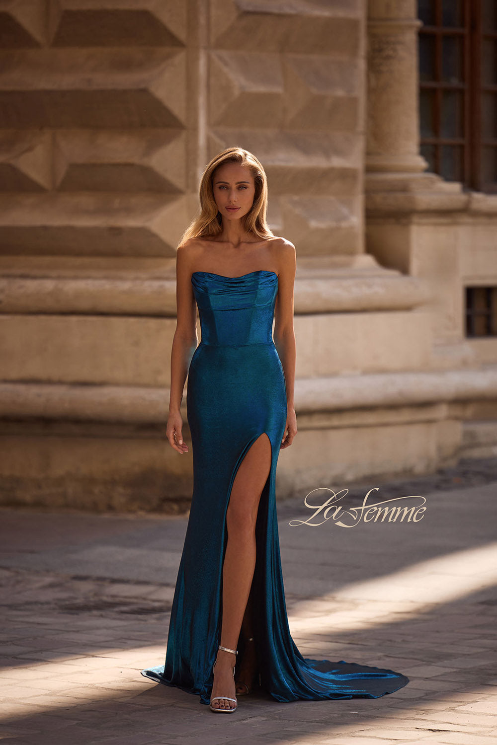 La Femme 32828 prom dress images. La Femme 32828 is available in these colors: Bronze, Dark Teal, Indigo, Matcha, Mocha, Purple.