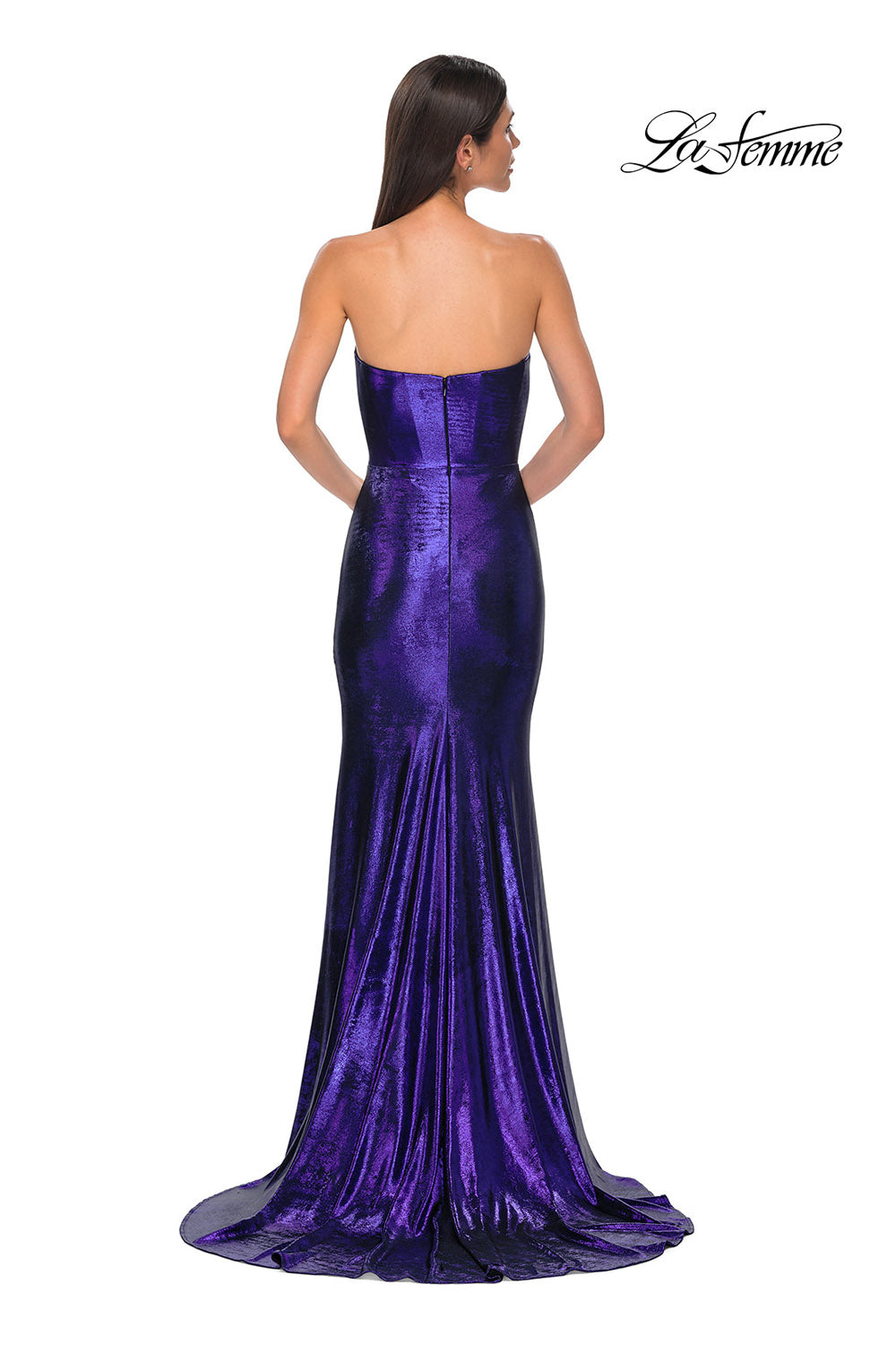 La Femme 32828 prom dress images. La Femme 32828 is available in these colors: Bronze, Dark Teal, Indigo, Matcha, Mocha, Purple.