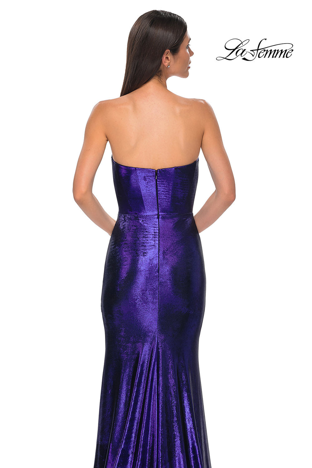 La Femme 32828 prom dress images. La Femme 32828 is available in these colors: Bronze, Dark Teal, Indigo, Matcha, Mocha, Purple.