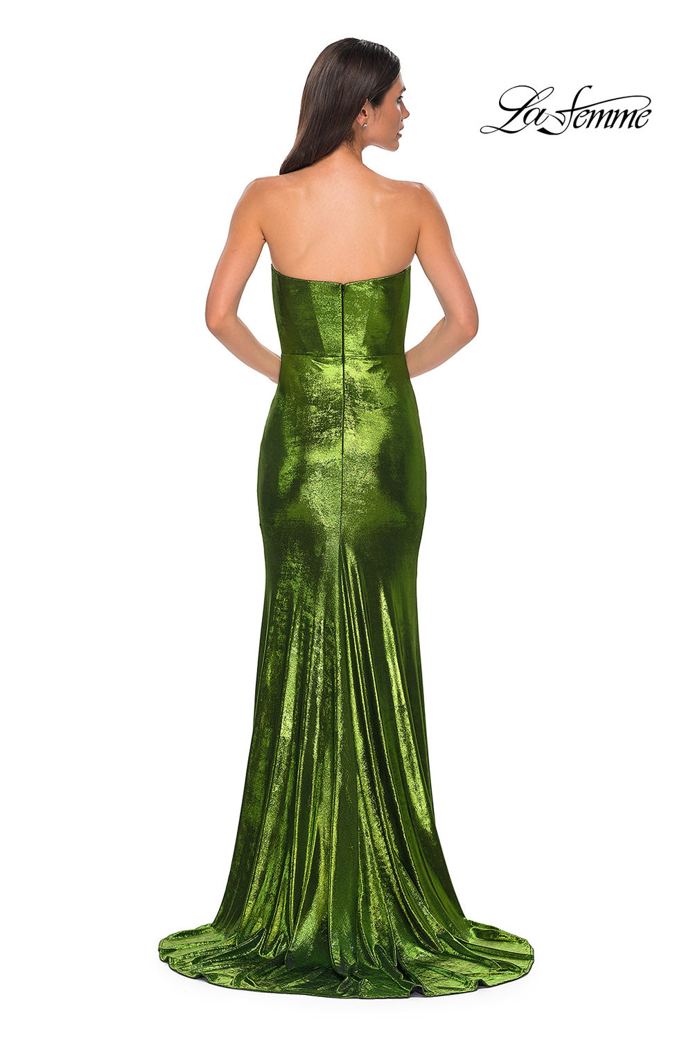 La Femme 32828 prom dress images. La Femme 32828 is available in these colors: Bronze, Dark Teal, Indigo, Matcha, Mocha, Purple.