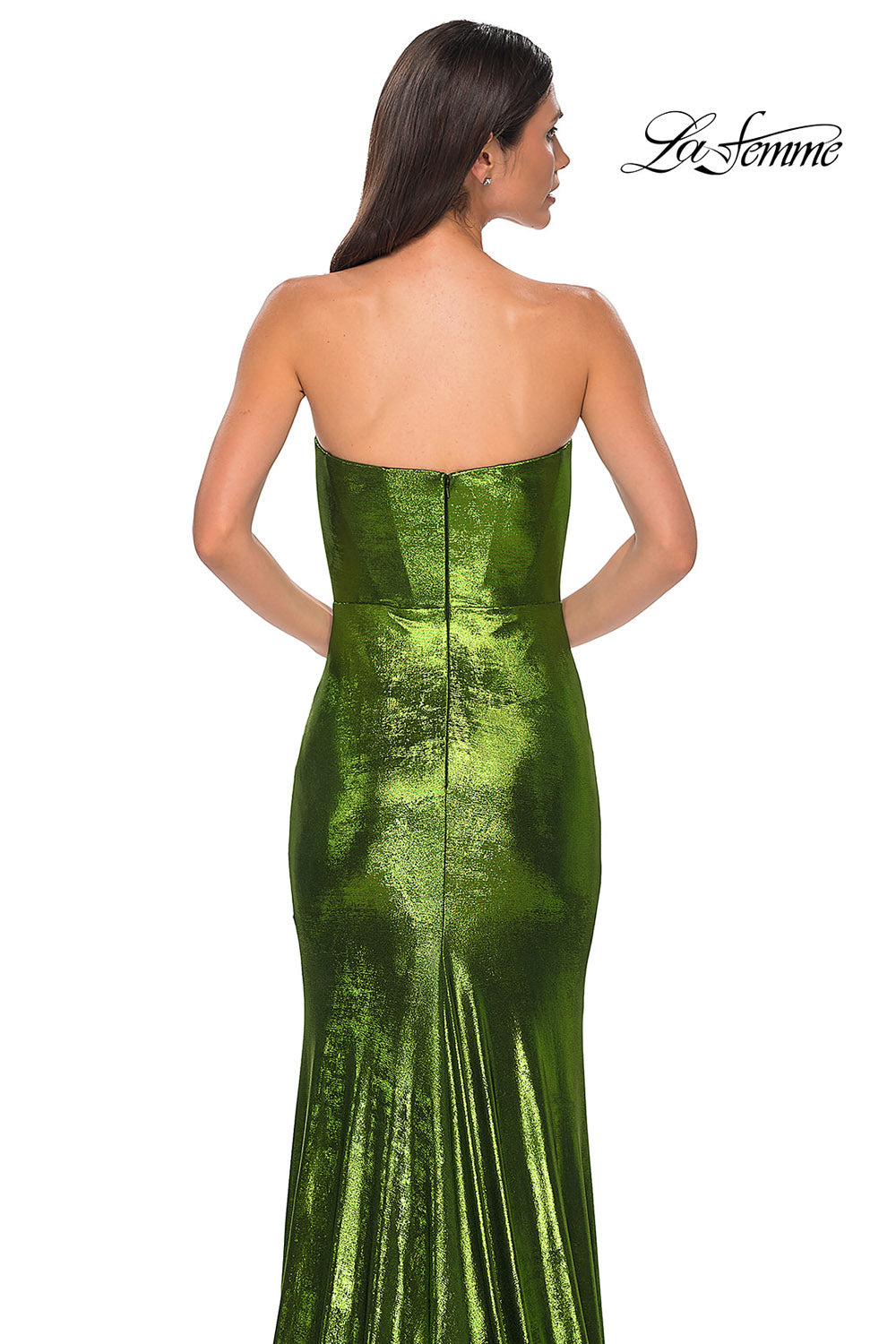 La Femme 32828 prom dress images. La Femme 32828 is available in these colors: Bronze, Dark Teal, Indigo, Matcha, Mocha, Purple.
