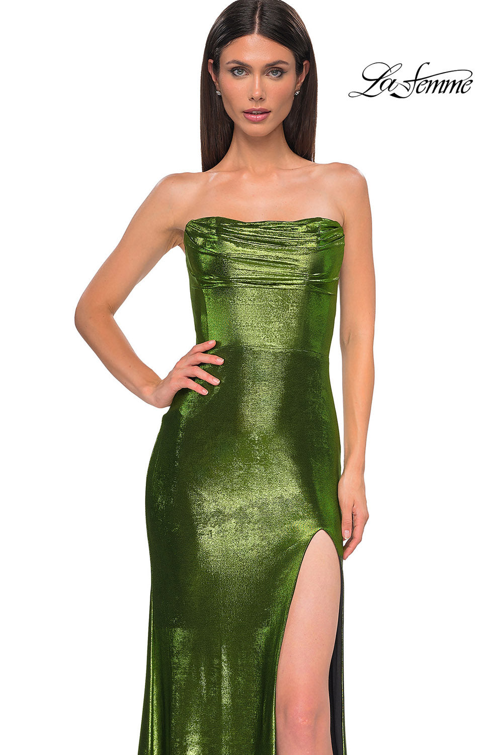 La Femme 32828 prom dress images. La Femme 32828 is available in these colors: Bronze, Dark Teal, Indigo, Matcha, Mocha, Purple.