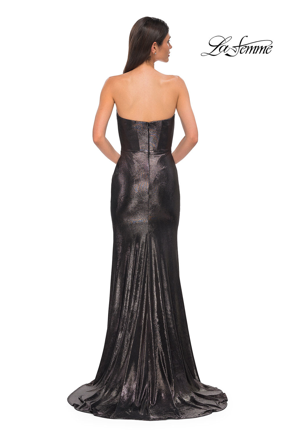 La Femme 32828 prom dress images. La Femme 32828 is available in these colors: Bronze, Dark Teal, Indigo, Matcha, Mocha, Purple.