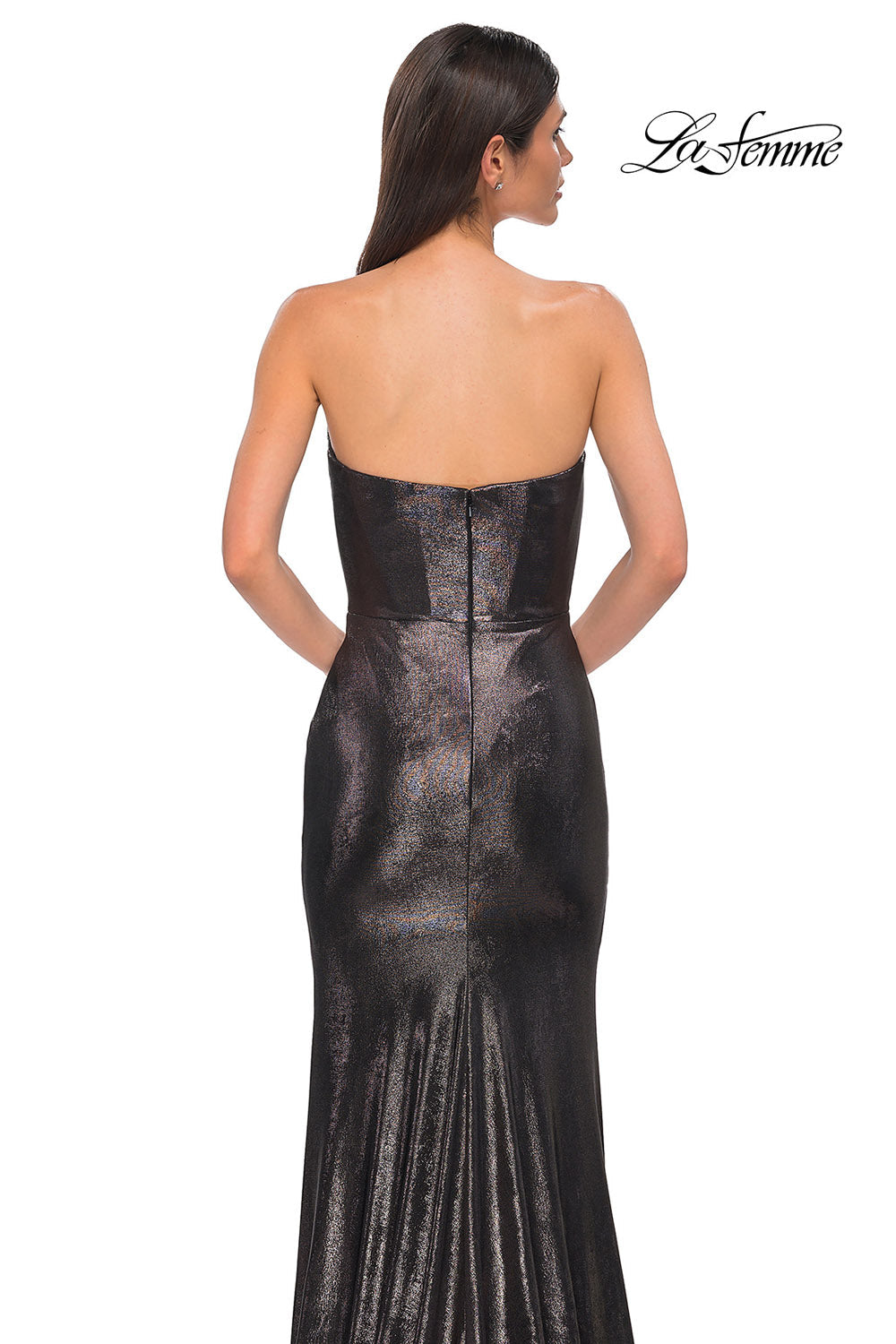 La Femme 32828 prom dress images. La Femme 32828 is available in these colors: Bronze, Dark Teal, Indigo, Matcha, Mocha, Purple.
