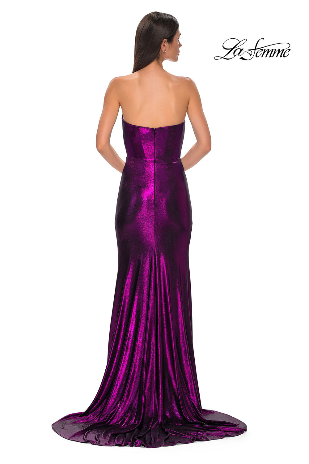 La Femme 32828 prom dress images. La Femme 32828 is available in these colors: Bronze, Dark Teal, Indigo, Matcha, Mocha, Purple.