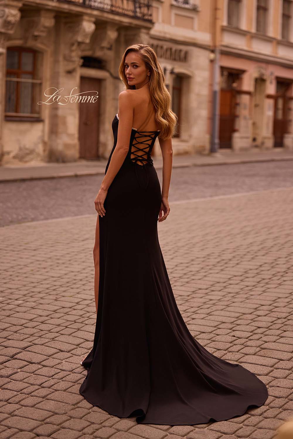 La Femme 32829 prom dress images. La Femme 32829 is available in these colors: Black, Ivory, Pale Yellow, Red, Royal Blue, Teal.