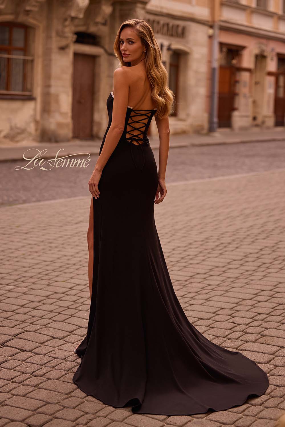 La Femme 32829 prom dress images. La Femme 32829 is available in these colors: Black, Ivory, Pale Yellow, Red, Royal Blue, Teal.