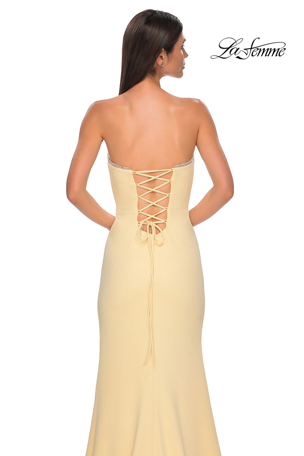 La Femme 32829 prom dress images. La Femme 32829 is available in these colors: Black, Ivory, Pale Yellow, Red, Royal Blue, Teal.