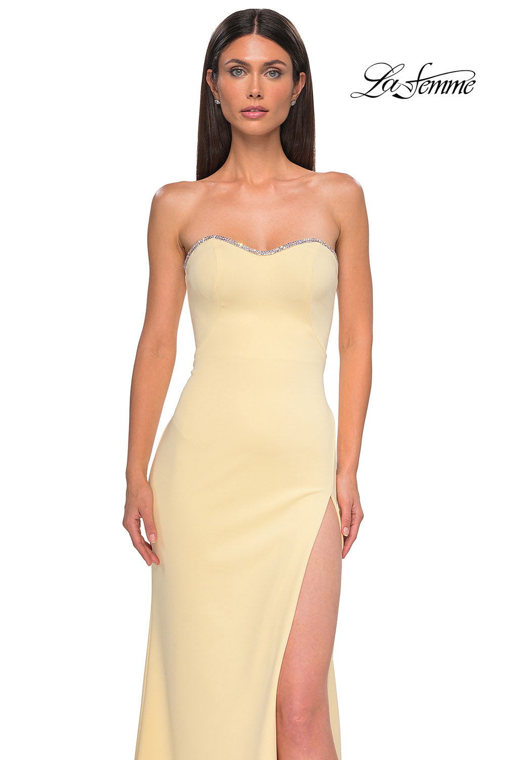 La Femme 32829 prom dress images. La Femme 32829 is available in these colors: Black, Ivory, Pale Yellow, Red, Royal Blue, Teal.