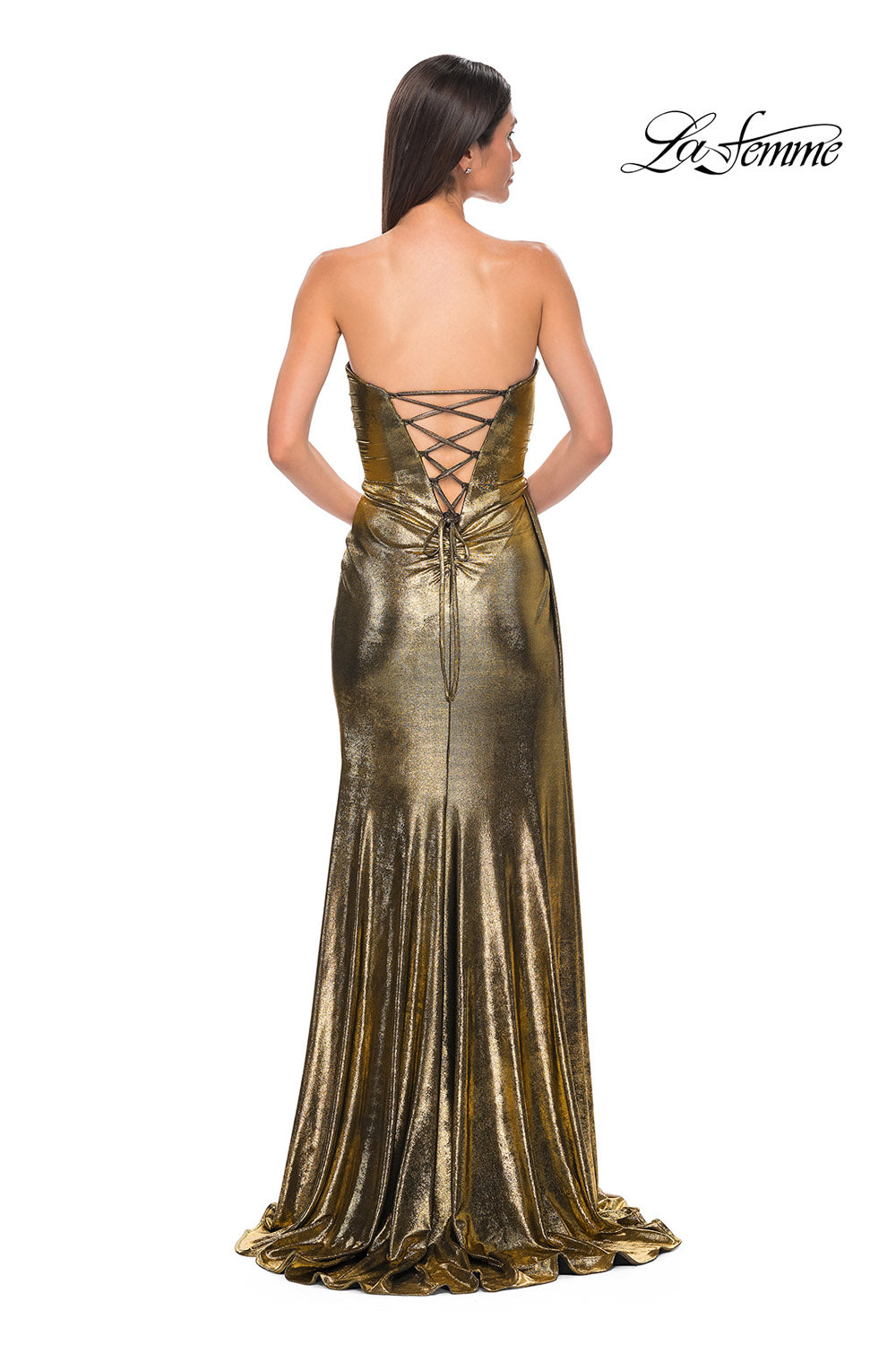 La Femme 32830 prom dress images. La Femme 32830 is available in these colors: Black Gold, Dark Teal, Indigo, Matcha, Purple.