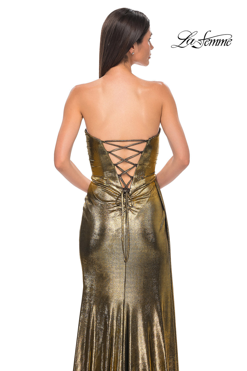 La Femme 32830 prom dress images. La Femme 32830 is available in these colors: Black Gold, Dark Teal, Indigo, Matcha, Purple.