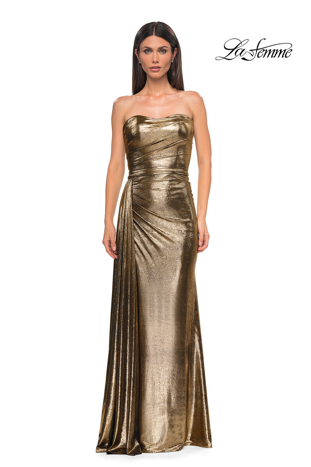 La Femme 32830 prom dress images. La Femme 32830 is available in these colors: Black Gold, Dark Teal, Indigo, Matcha, Purple.