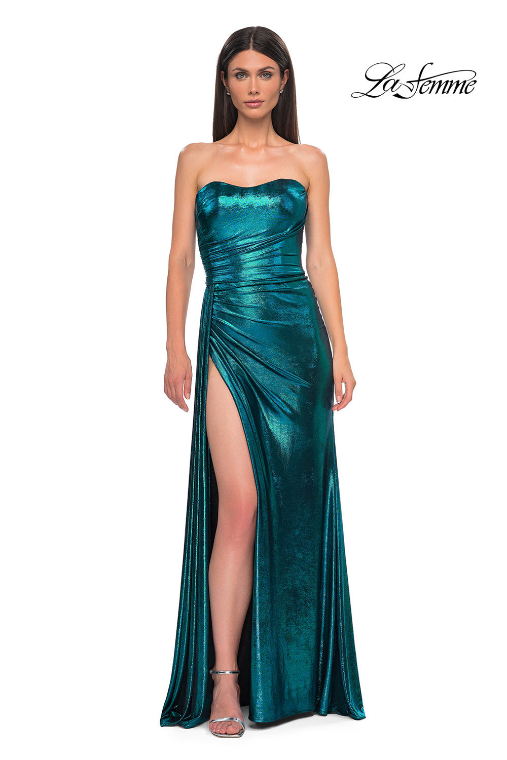 La Femme 32830 prom dress images. La Femme 32830 is available in these colors: Black Gold, Dark Teal, Indigo, Matcha, Purple.