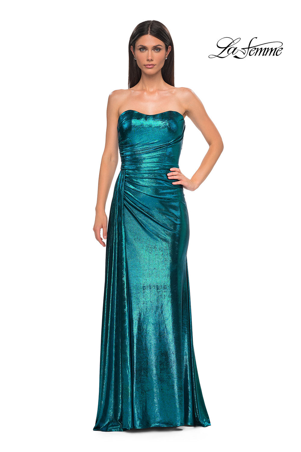 La Femme 32830 prom dress images. La Femme 32830 is available in these colors: Black Gold, Dark Teal, Indigo, Matcha, Purple.
