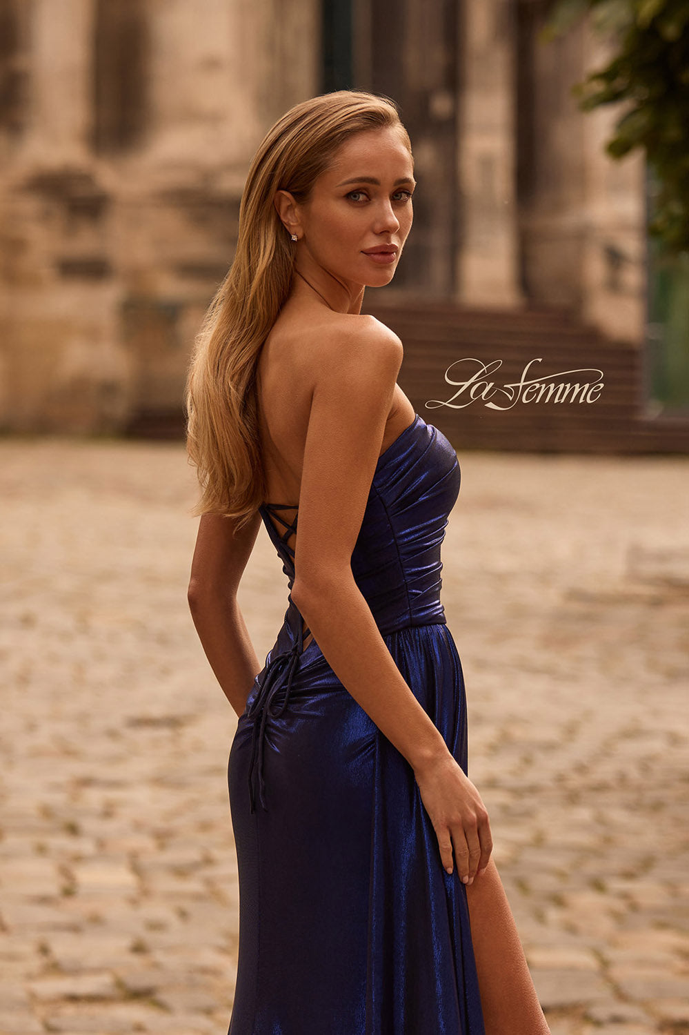 La Femme 32830 prom dress images. La Femme 32830 is available in these colors: Black Gold, Dark Teal, Indigo, Matcha, Purple.