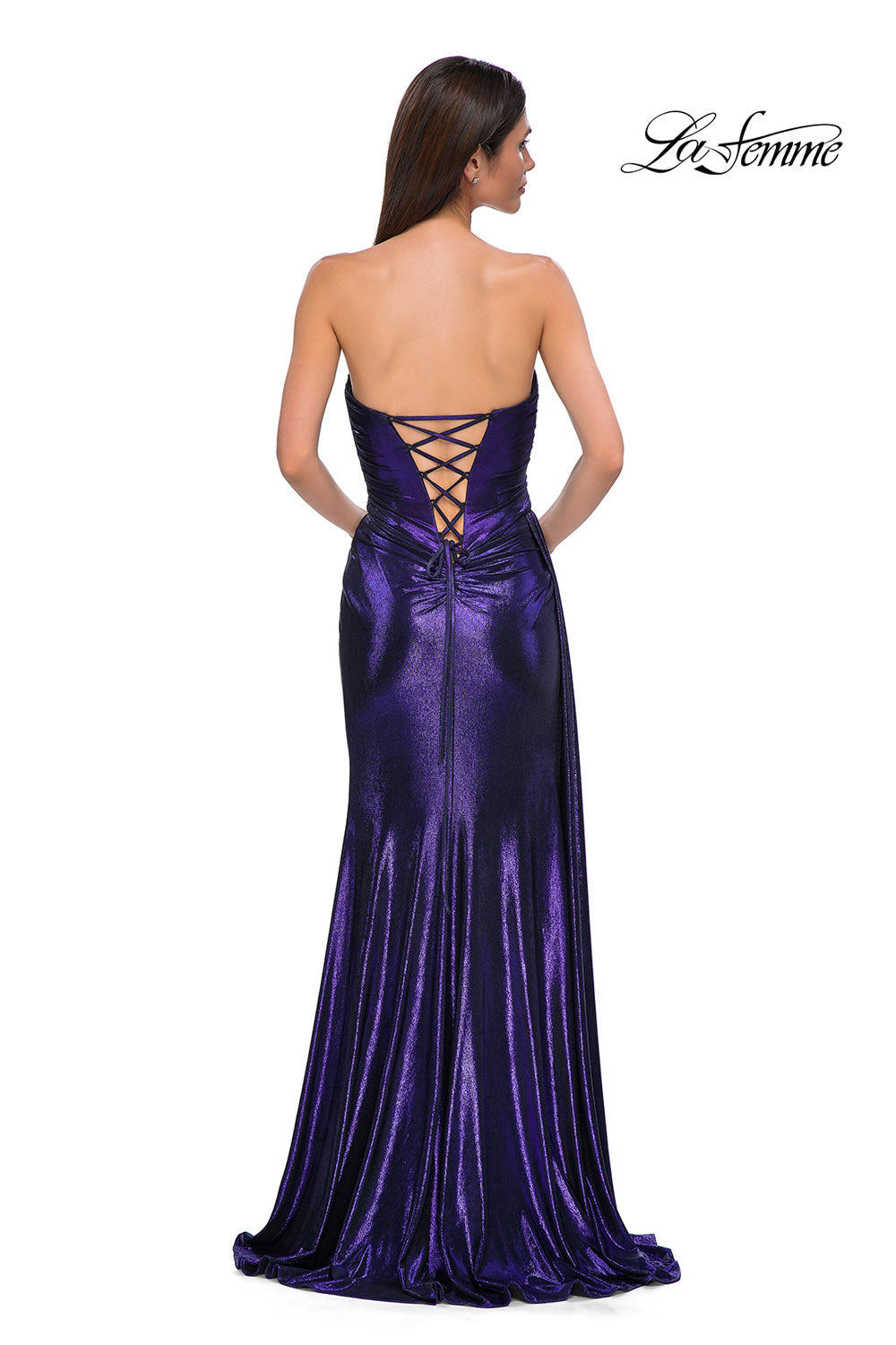 La Femme 32830 prom dress images. La Femme 32830 is available in these colors: Black Gold, Dark Teal, Indigo, Matcha, Purple.