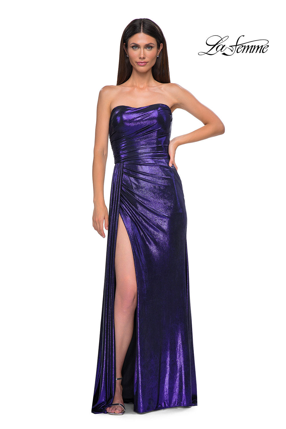 La Femme 32830 prom dress images. La Femme 32830 is available in these colors: Black Gold, Dark Teal, Indigo, Matcha, Purple.