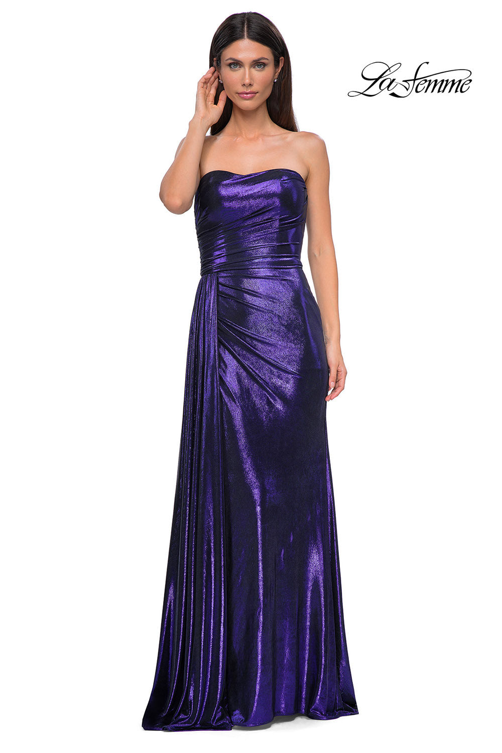 La Femme 32830 prom dress images. La Femme 32830 is available in these colors: Black Gold, Dark Teal, Indigo, Matcha, Purple.