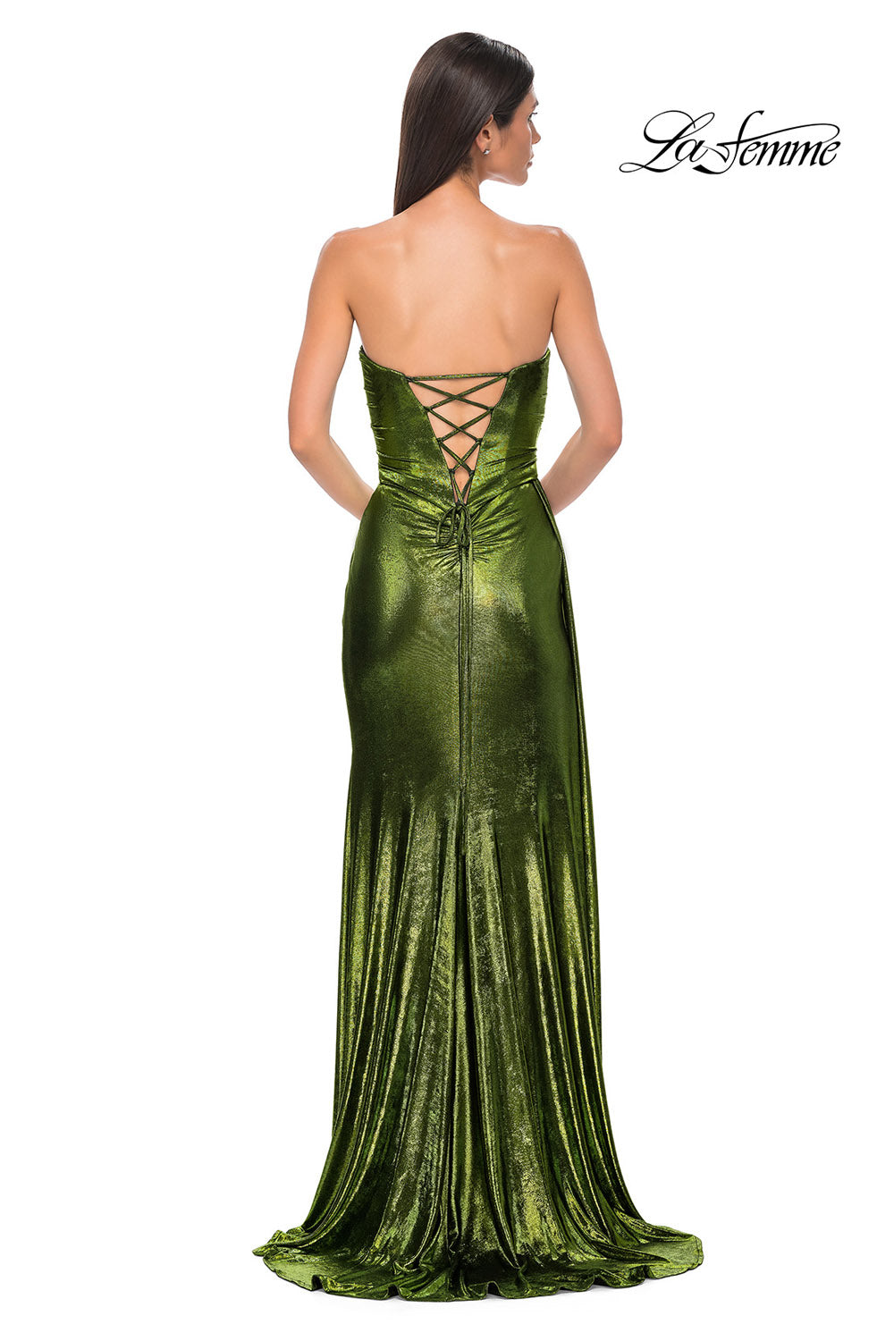 La Femme 32830 prom dress images. La Femme 32830 is available in these colors: Black Gold, Dark Teal, Indigo, Matcha, Purple.