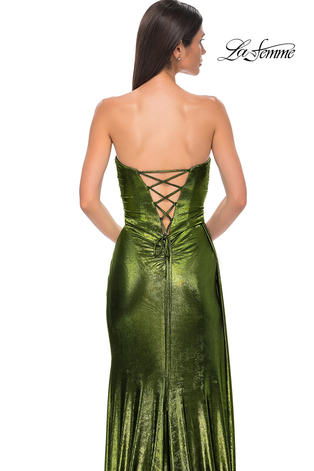 La Femme 32830 prom dress images. La Femme 32830 is available in these colors: Black Gold, Dark Teal, Indigo, Matcha, Purple.