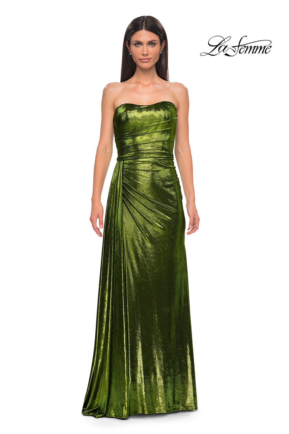 La Femme 32830 prom dress images. La Femme 32830 is available in these colors: Black Gold, Dark Teal, Indigo, Matcha, Purple.