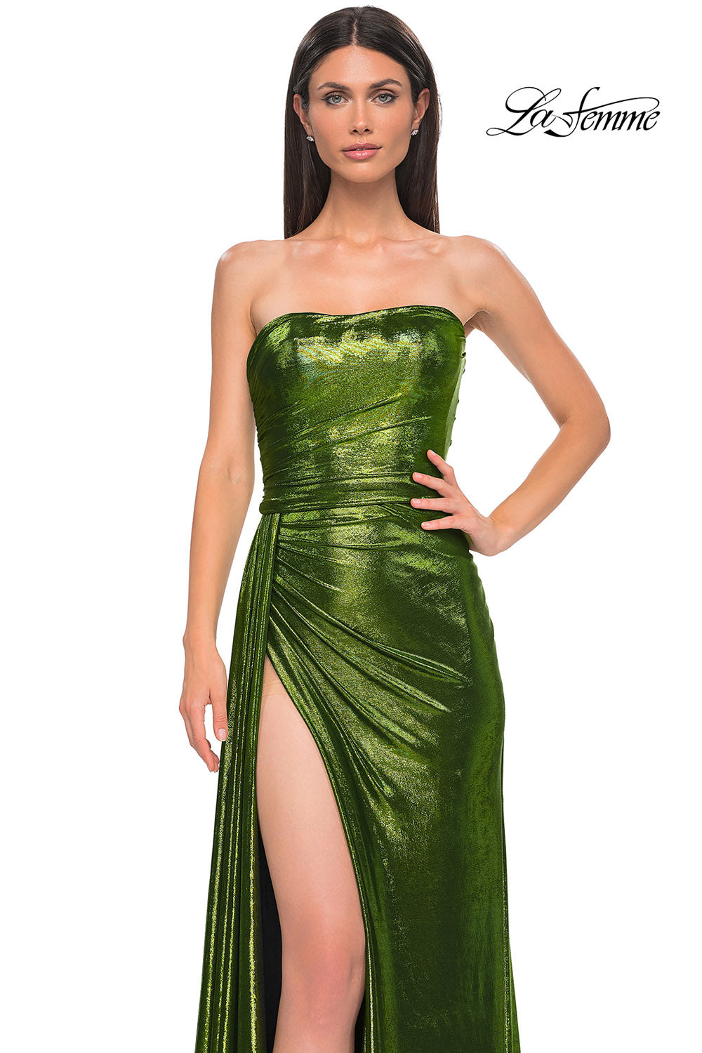 La Femme 32830 prom dress images. La Femme 32830 is available in these colors: Black Gold, Dark Teal, Indigo, Matcha, Purple.