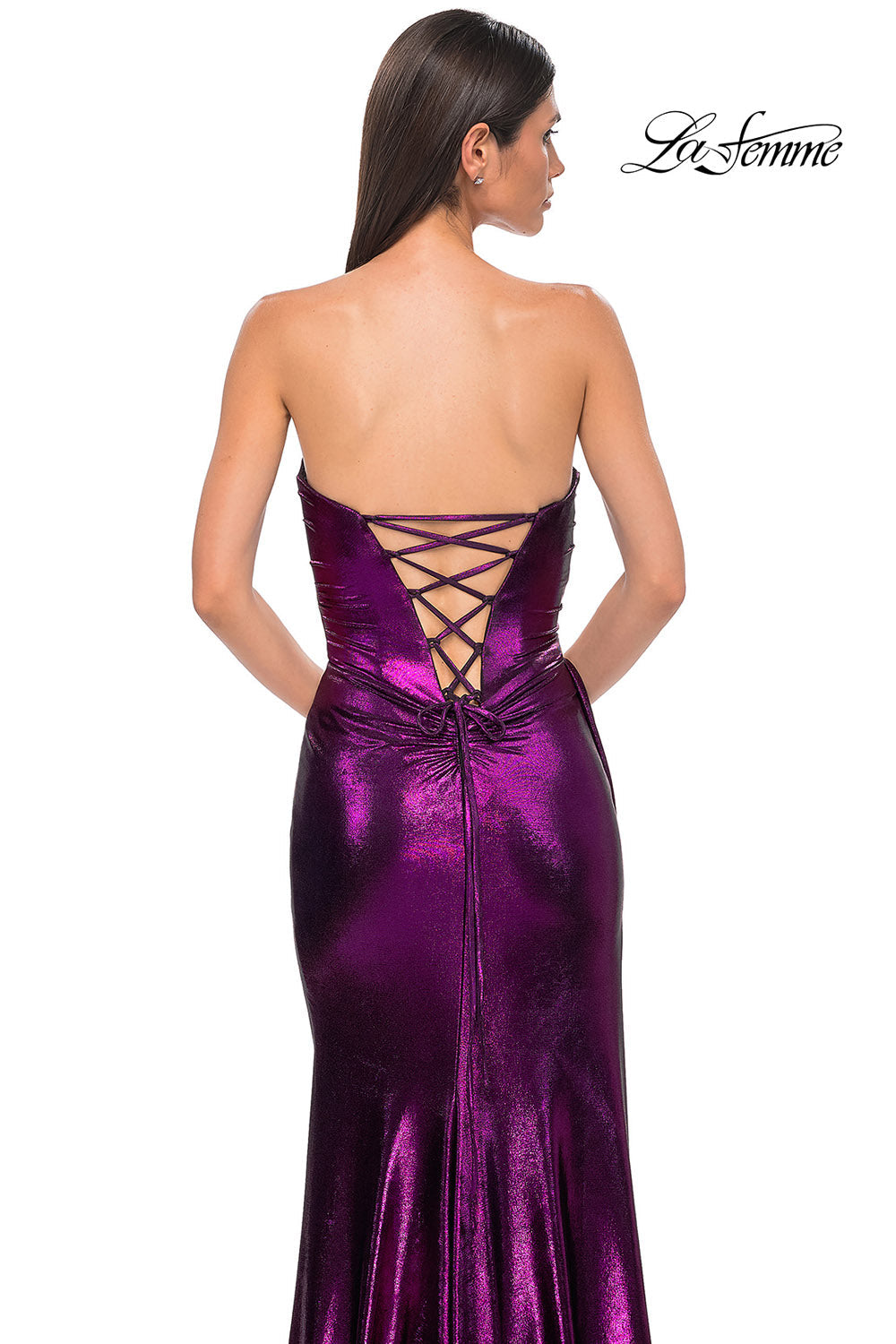 La Femme 32830 prom dress images. La Femme 32830 is available in these colors: Black Gold, Dark Teal, Indigo, Matcha, Purple.
