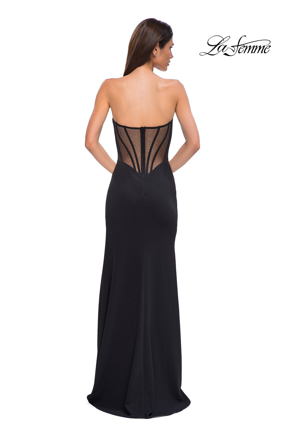 La Femme 32849 prom dress images. La Femme 32849 is available in these colors: Black, Dark Berry, Emerald, Ivory.