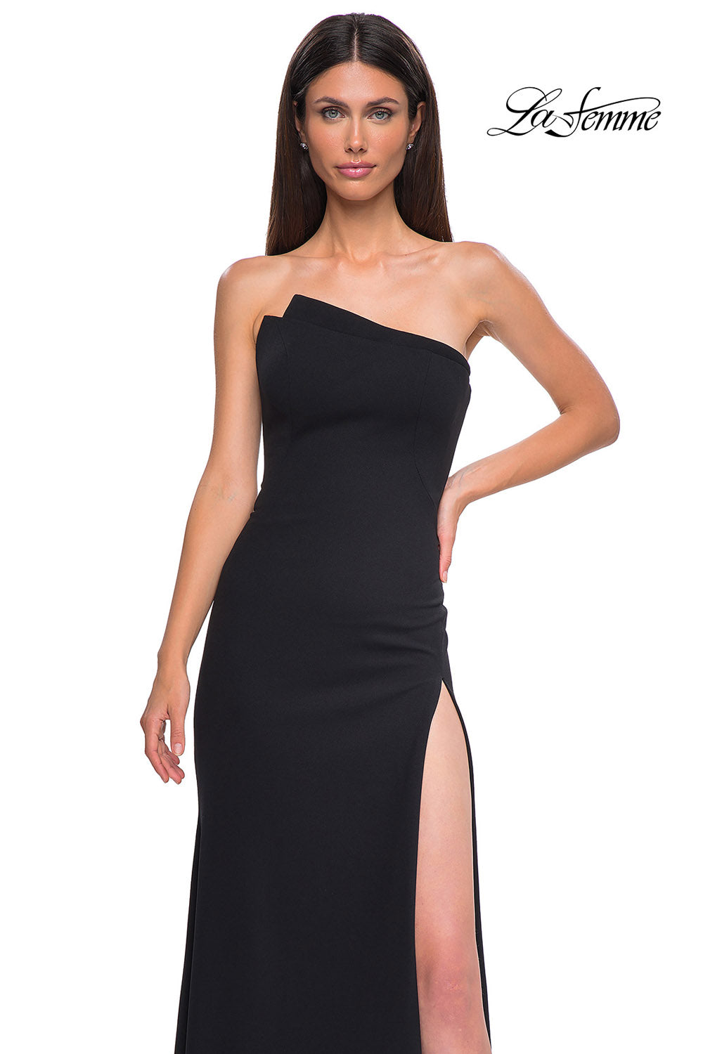La Femme 32849 prom dress images. La Femme 32849 is available in these colors: Black, Dark Berry, Emerald, Ivory.