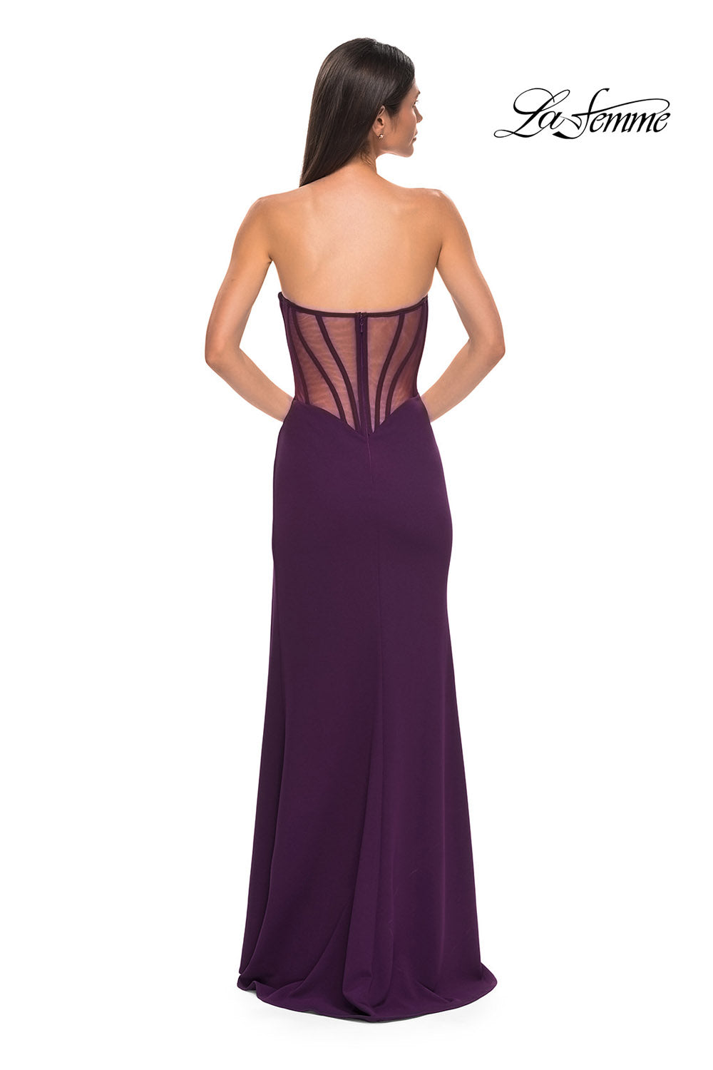 La Femme 32849 prom dress images. La Femme 32849 is available in these colors: Black, Dark Berry, Emerald, Ivory.