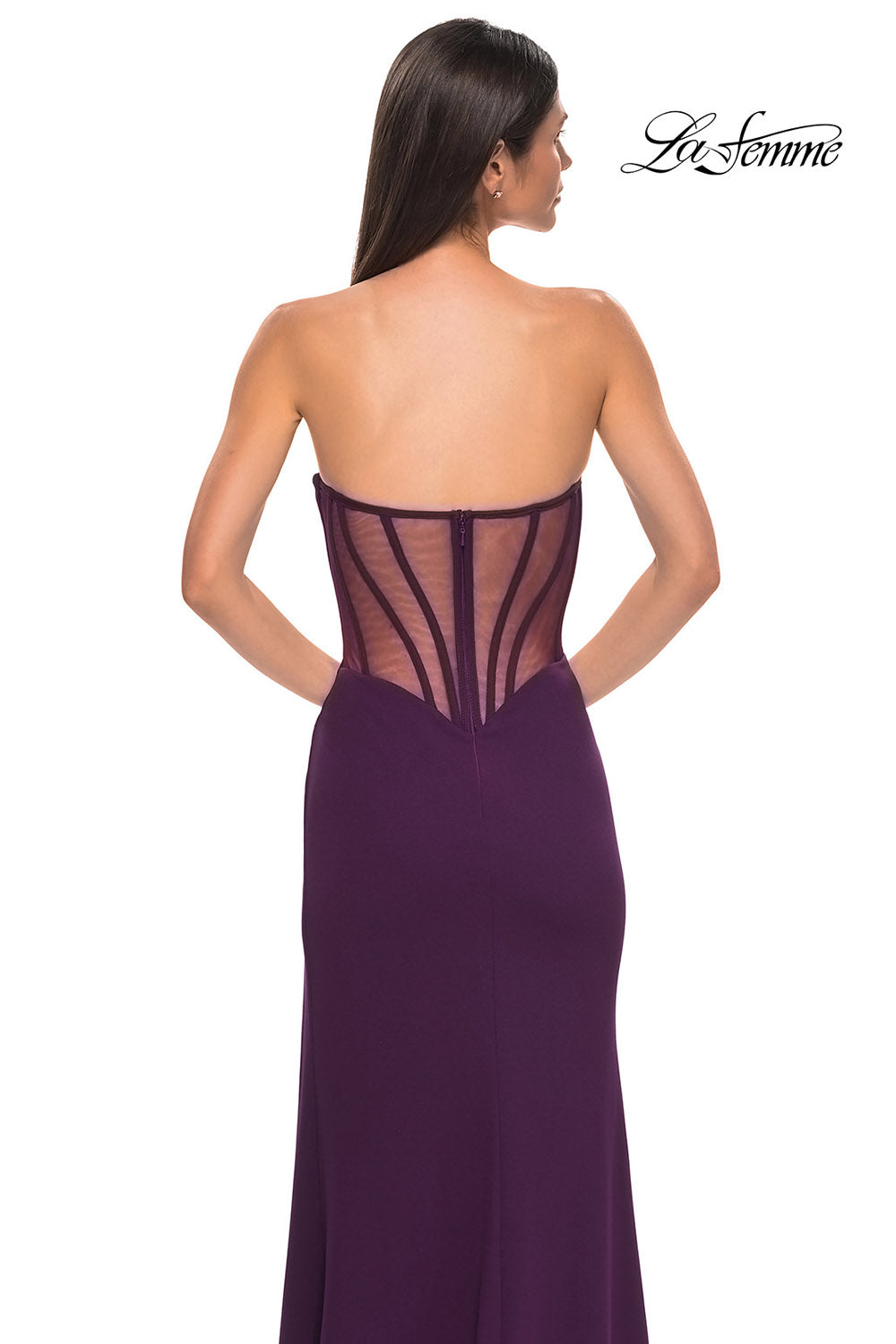 La Femme 32849 prom dress images. La Femme 32849 is available in these colors: Black, Dark Berry, Emerald, Ivory.
