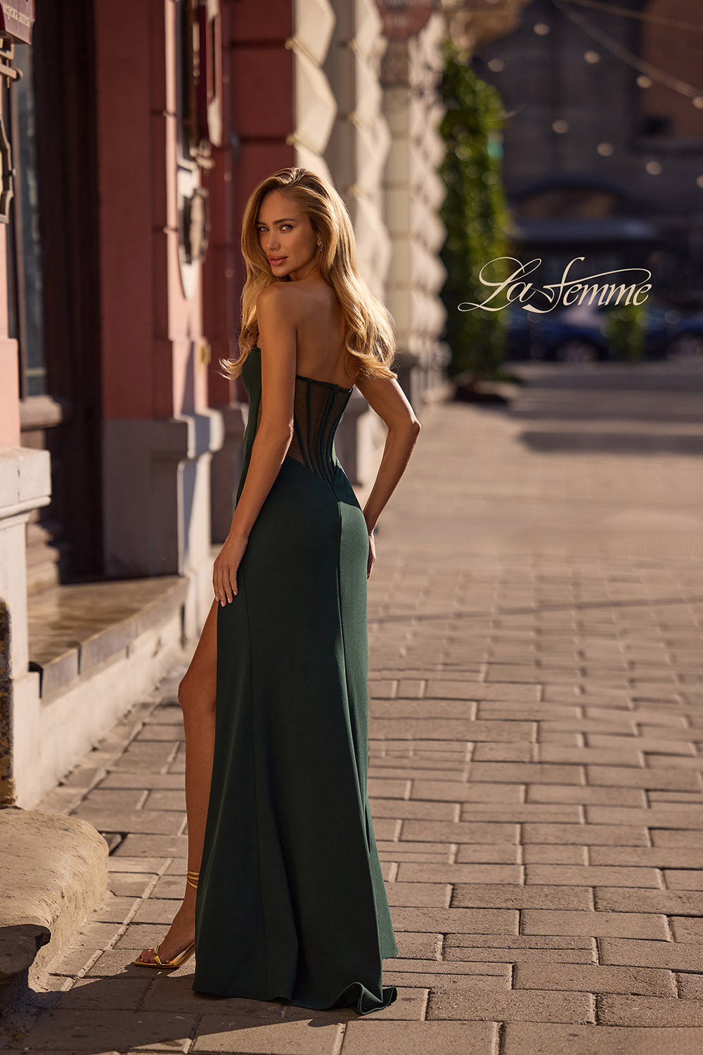La Femme 32849 prom dress images. La Femme 32849 is available in these colors: Black, Dark Berry, Emerald, Ivory.